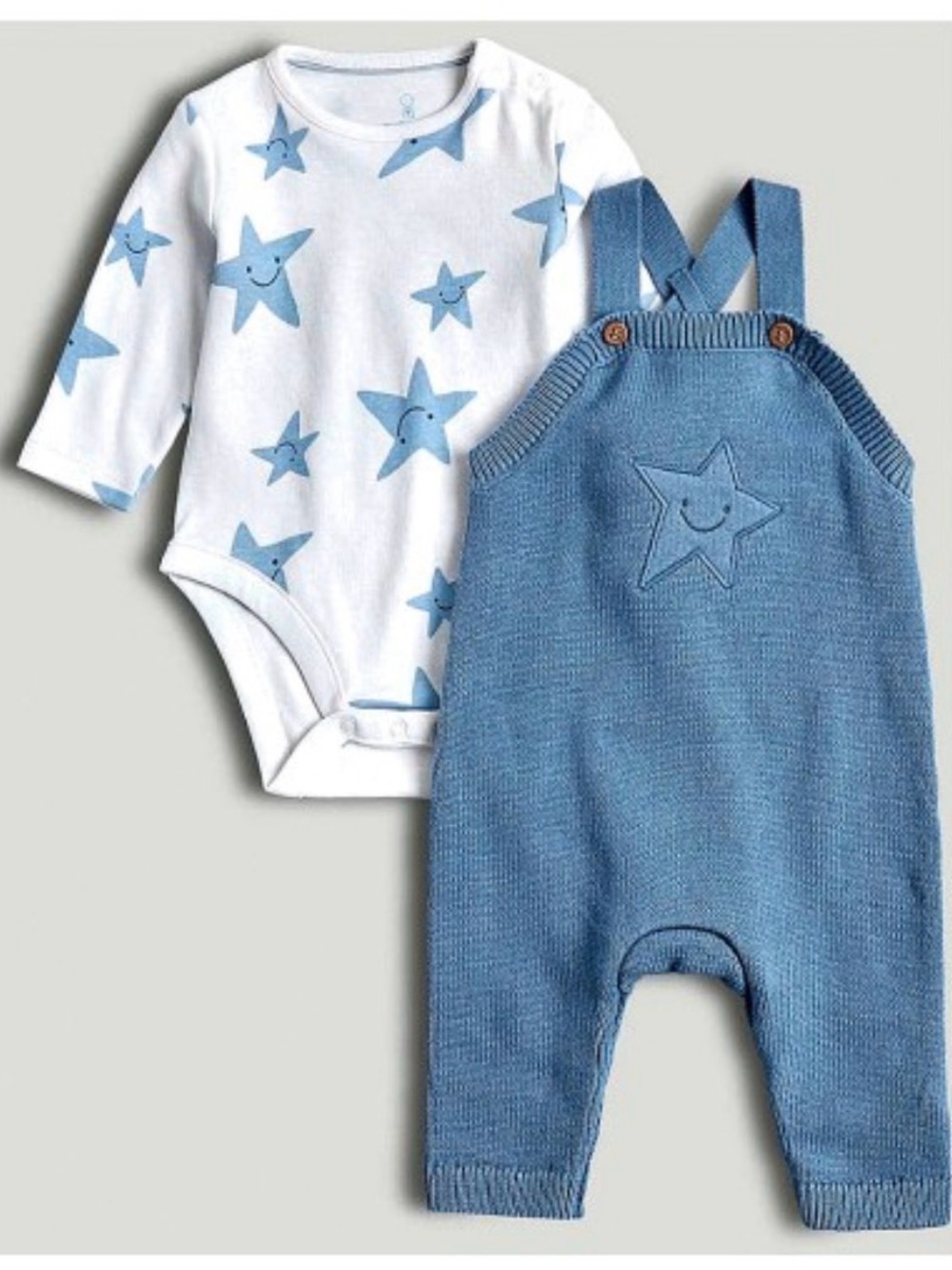 Mothercare Blue Knitted Dungarees and Star Print l/s Bodysuit Set